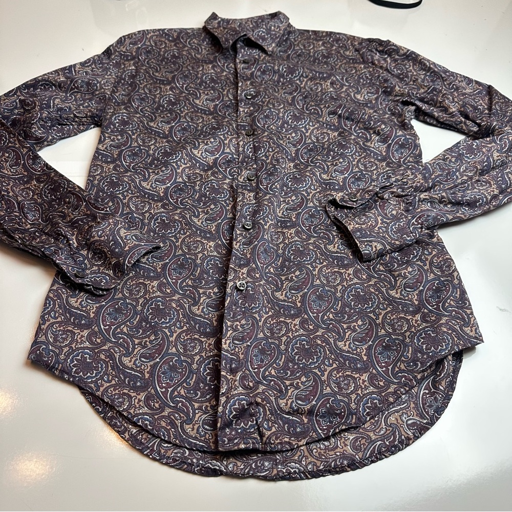 Zara Man Mens S Paisley Button Down Shirt 100% Cotton Brown Blue Long Sleeve